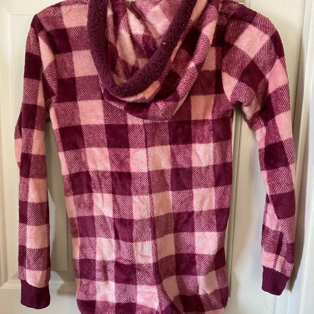 Justice Girls Fleece Hooded Romper Pajamas Size 7 Burgundy Pink Plaid